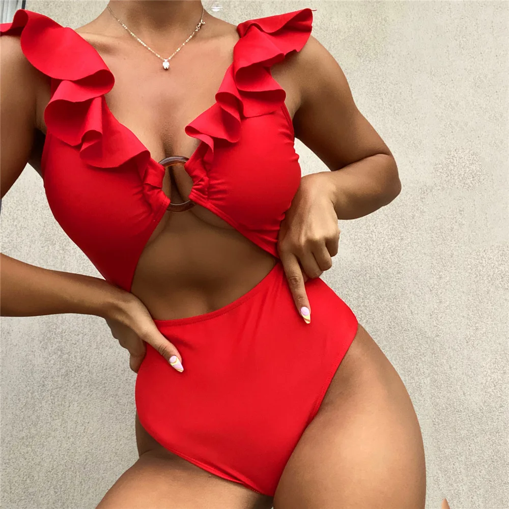 

Sexy Red Ruffled Swimwear Women One Piece Swimsuit 2022 New Hollow Cut Out Monokini Bodysuit Bathing Suits Beacwear Bathers