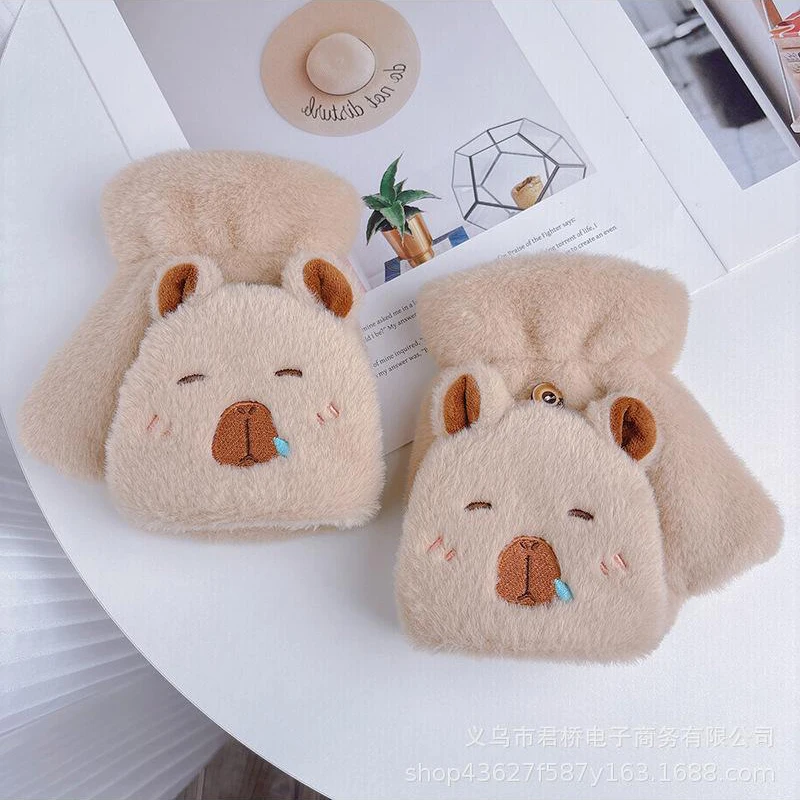 Kawaii теплые перчатки для девочек Kapibala новые милые откидные с открытым пальцем и