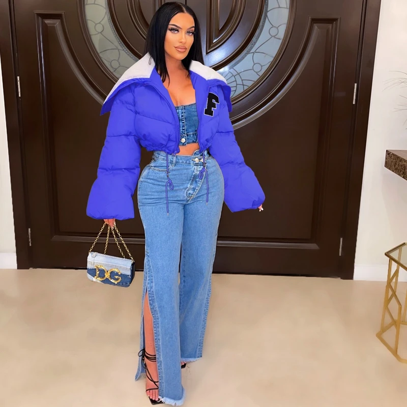 2022 Casual Solid Letter Embroidery Parkas Long Sleeve Zipper Cropped Puffer Jackets For Women Winter Drewstring Warm Thick Coat