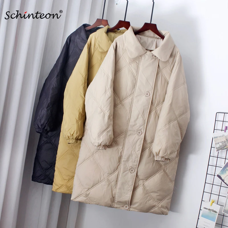 

Schinteon Women White Duck Down Long Jacket Warm Casual Over Size Argyle Coat 2022 New Autumn Winter Outwear Turn-down Collar