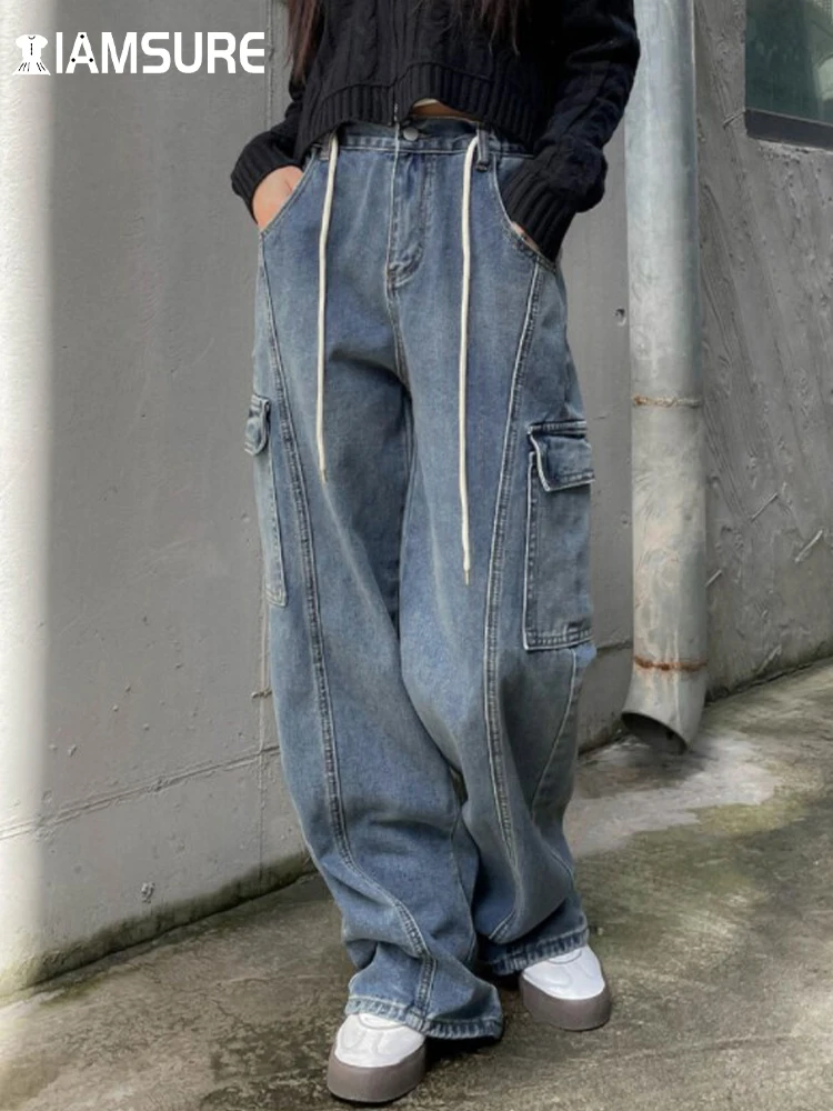 

IAMSURE Casual Streetwear Wide Leg Pants Safari Style Loose Drawstring Big Pockets Jeans Women 2022 Autumn Spring Fashion Ladies