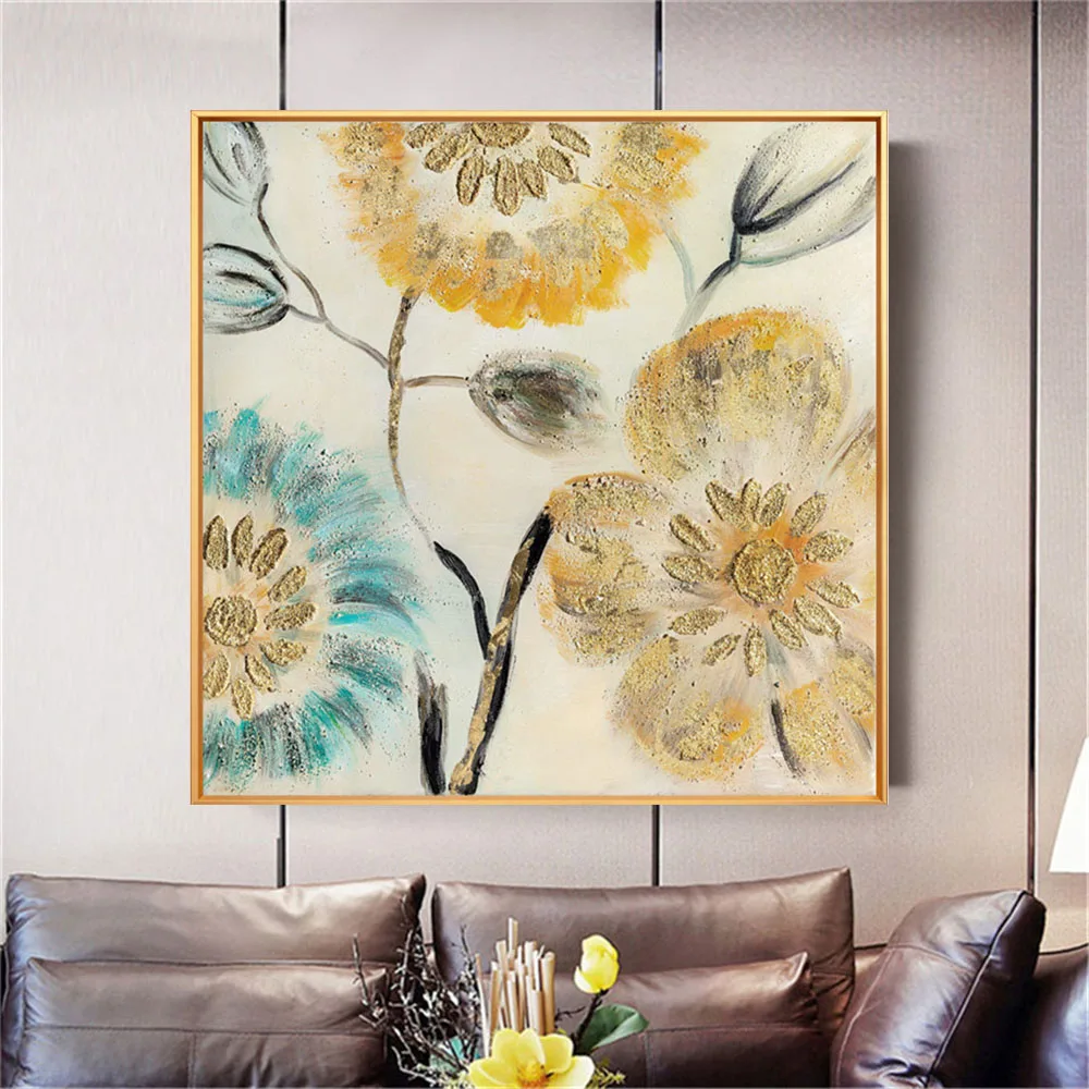 

High Quality Hand-painted Gold Oil Painting on Canvas Large wall art Pictures Abstract Gold Flower Painting for home Decor sofa