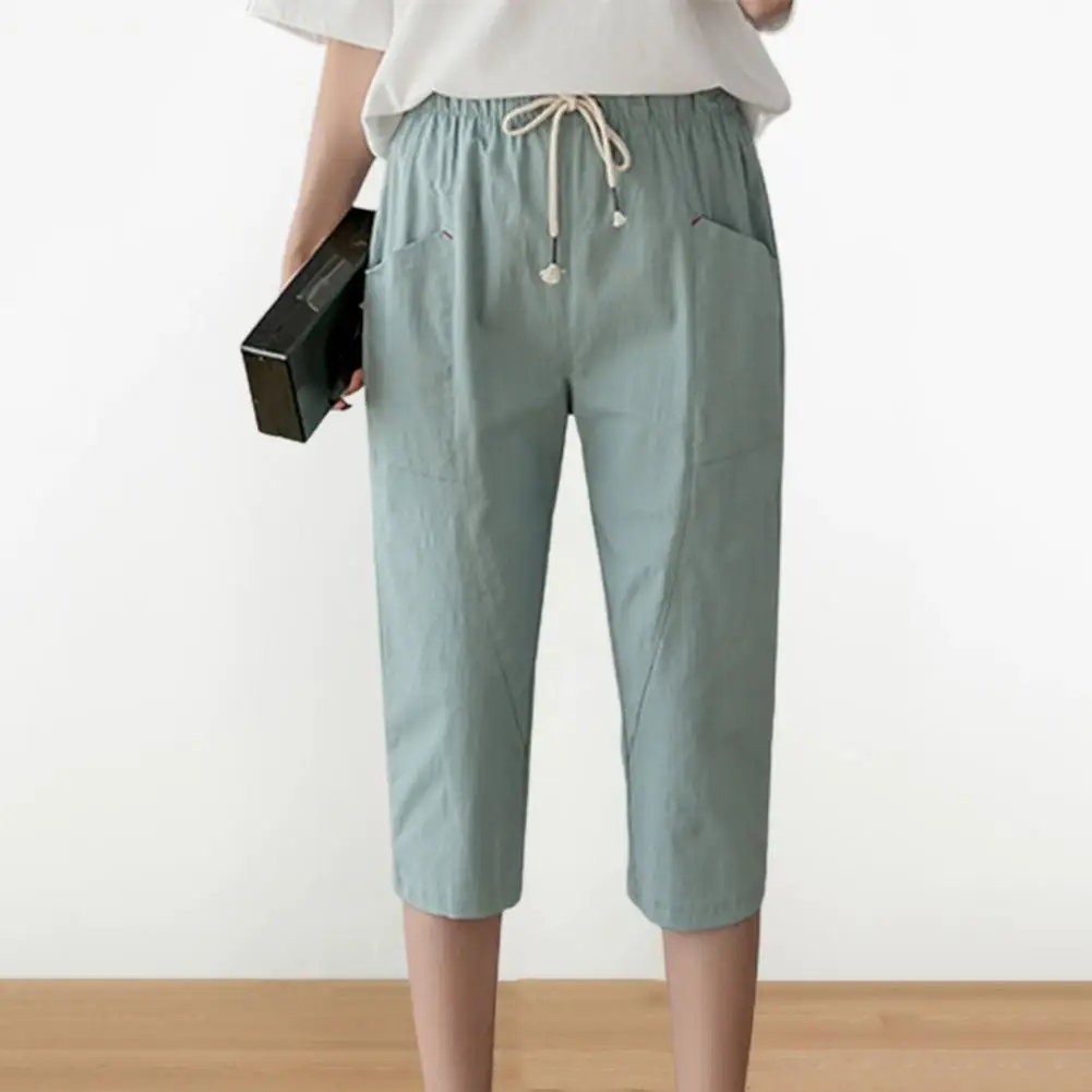 

Women Pants Elastic Waist Drawstring Summer Sweatpants Solid Color Casual Lady Trousers With Pockets For Lady