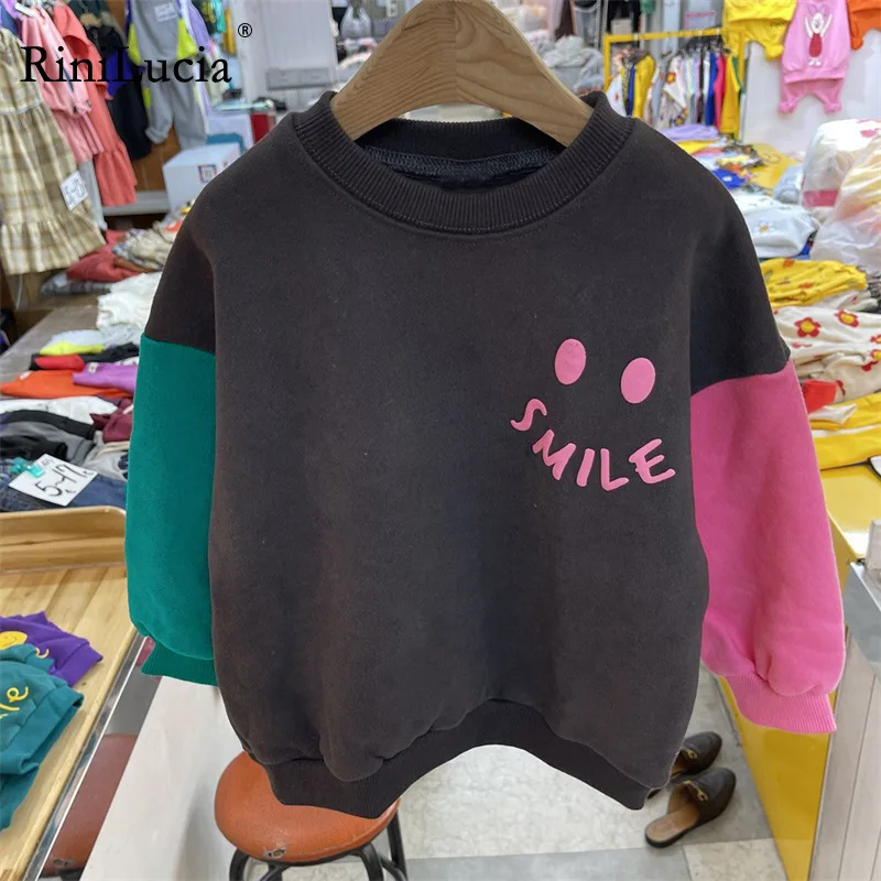 

RiniLucia 2022 New Print Boys Girls Sweatshirts O-Neck Fashion Children's Clothes Patchwork Long Sleeve Autumn T-Shirts