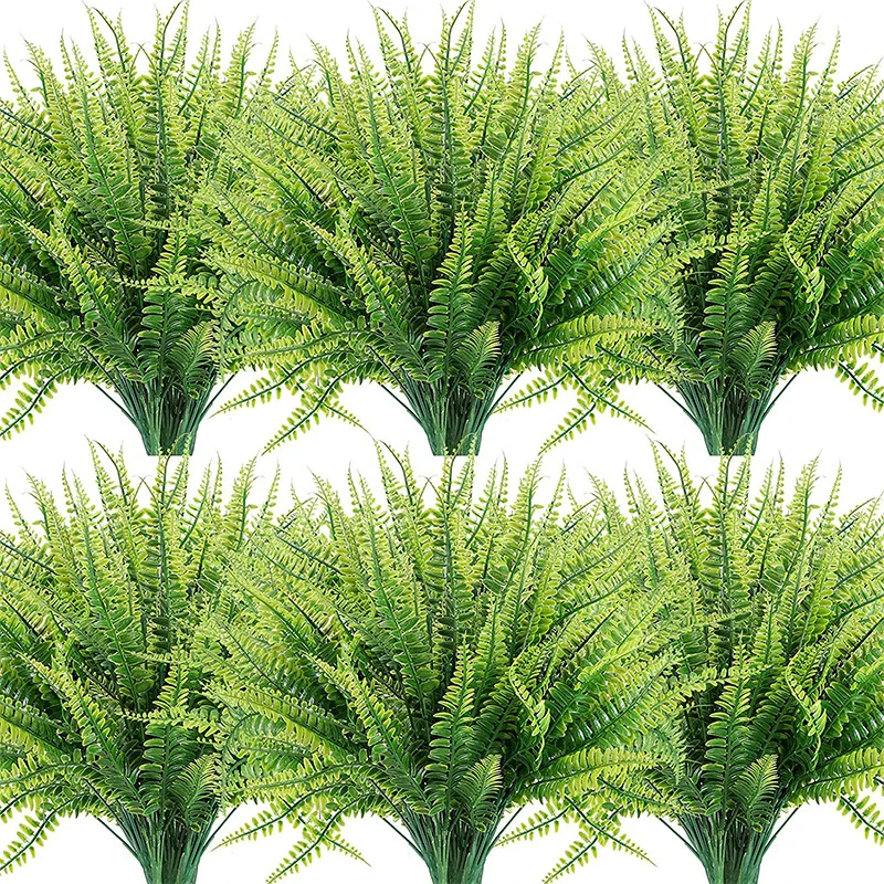 

6pcs Forks Artificial Plants Persian Leaf Plastic Ferns Green Leaves Wedding Home Room Table Background Fake Plant Floral Decor