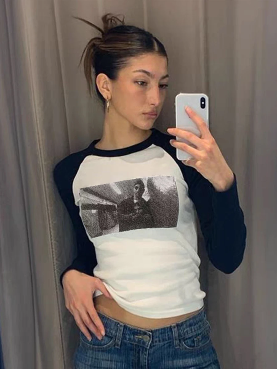 

Graphic Print Slim Long Sleeve T-shirts Women 2023 Spring Round Neck Color Patchwork Tee Shirt Retro Classic Cotton Y2k Top Chic