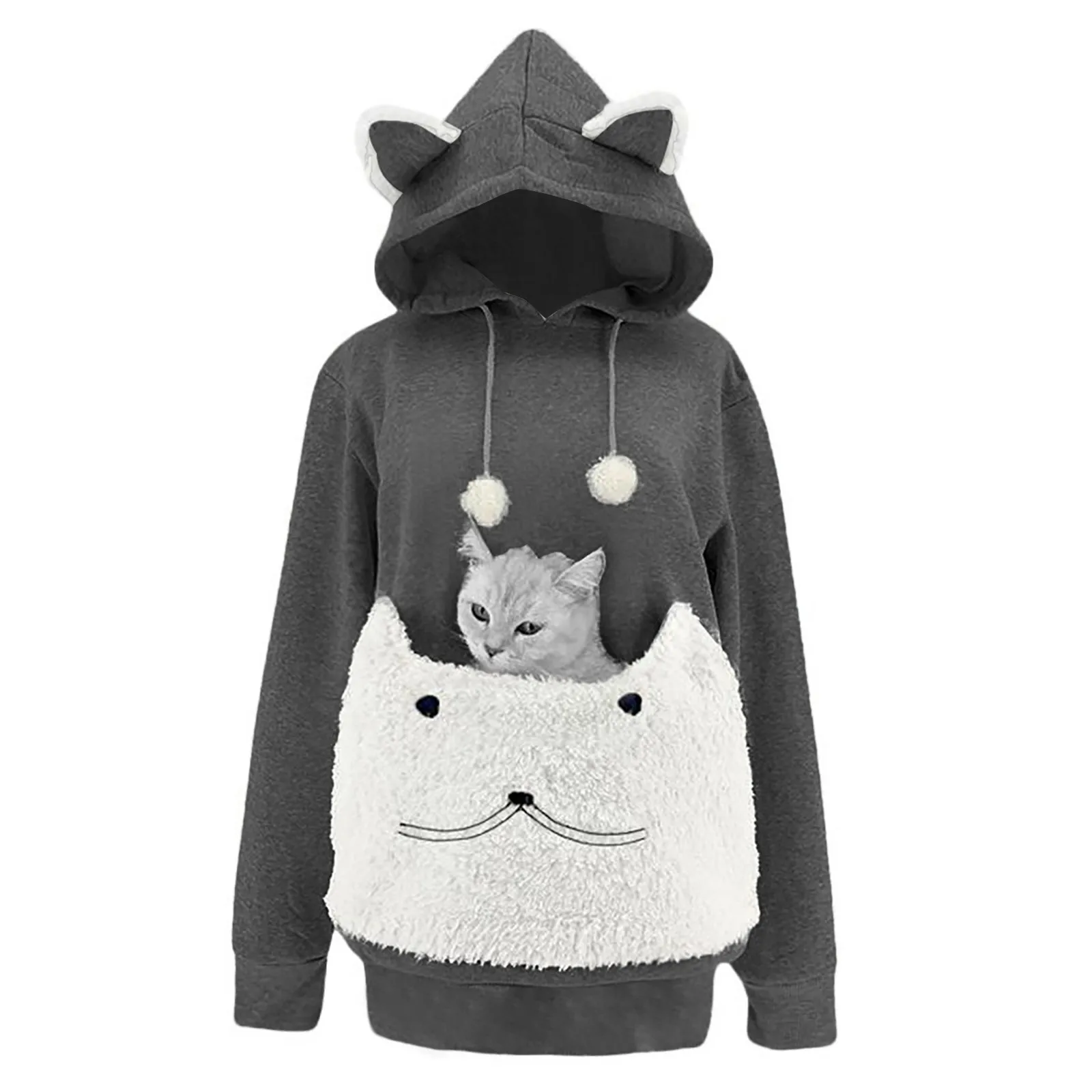 

Kawaii Cat Embroidered Sweatshirt For Ladies Women'S Cozy Hoodie With Large Pocket&Kitty Ears Cute Long-Sleeve Hoodie Autumn