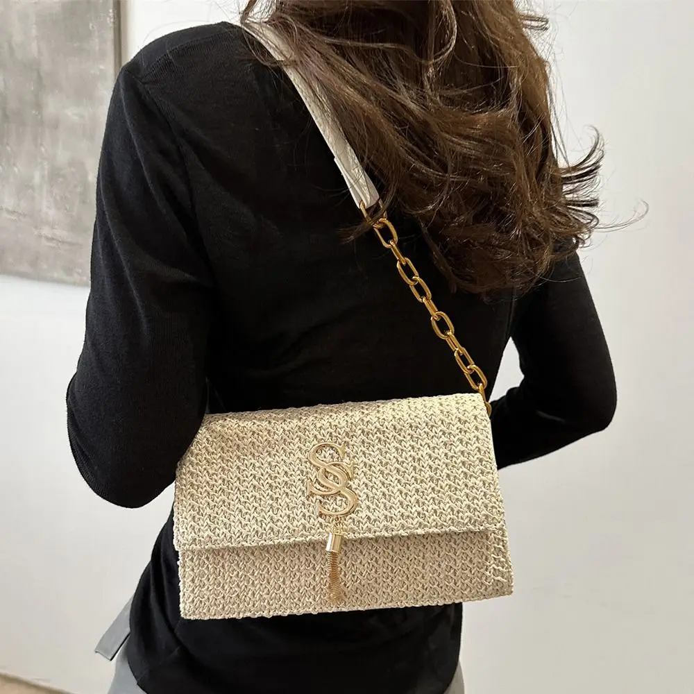 Модная соломенная сумка через плечо большой вместимости с цепочкой ручной