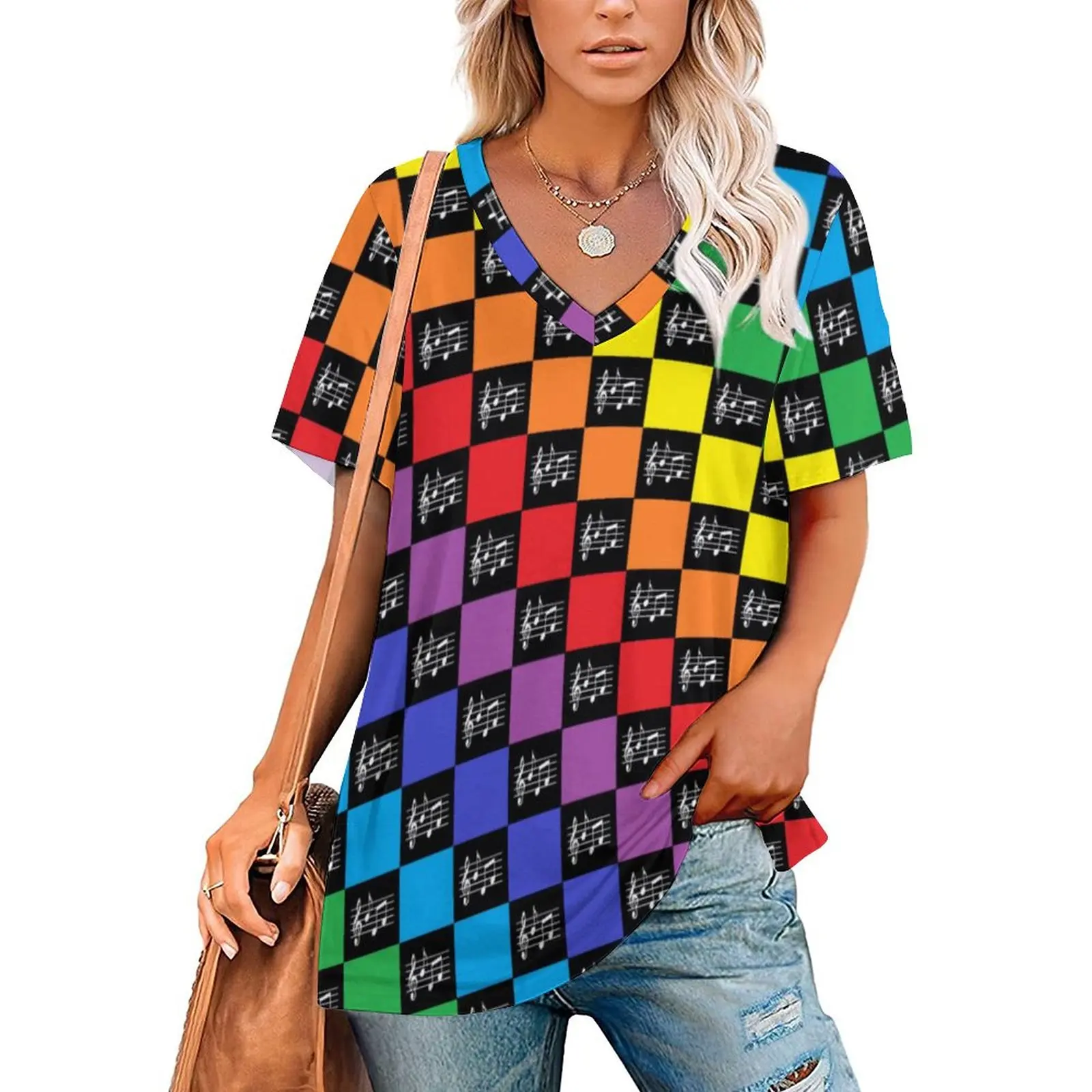 

Женская футболка в клетку Rainbow Music Notes, Элегантная футболка оверсайз с коротким рукавом и v-образным вырезом, летняя футболка на заказ