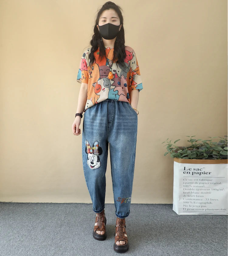 New Cartoon Paste Cloth Embroidery Cropped New Jeans Women's Loose One Size Curling Cropped Harlan Summer Baggy Pants Streetwear