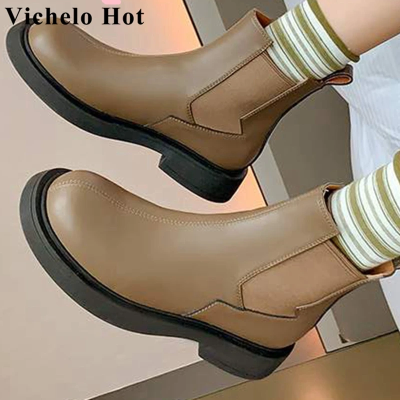 

Ботинки-челси Vichelo на среднем каблуке, натуральная кожа, круглый носок, толстая подошва, слипоны в британском стиле, без застежки, хит продаж
