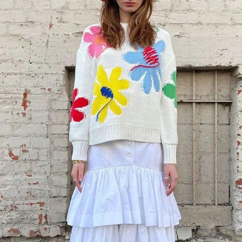 

Handmade Flower Embroidery Women's O-Neck Knitted Pullover Long Sleeve 2022 New Ladies Fashion Loose Sweet Sweater