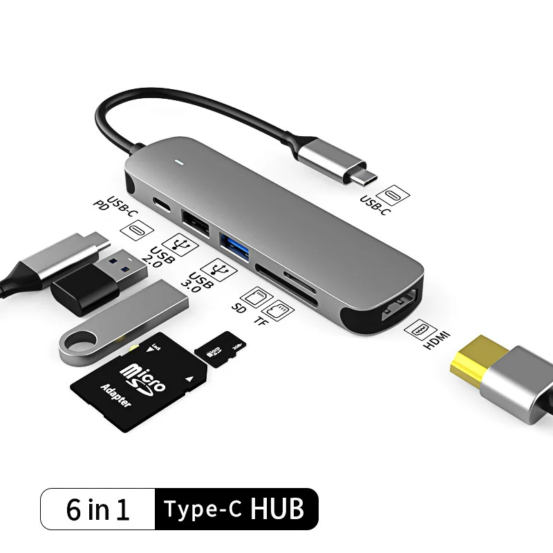 Высокоскоростной адаптер USB C 6 в 1 Тип C к 4K HDMI USB 3,0 с 60 Вт PD Быстрая зарядка SD TF порт Высококачественная док-станция