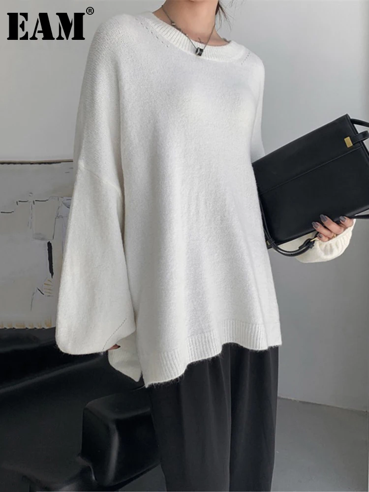 

[EAM] Blue Big Size Knitting Sweater Round Neck Long Lantern Sleeve Women Pullovers New Fashion Tide Autumn Winter 2022 1DE2918