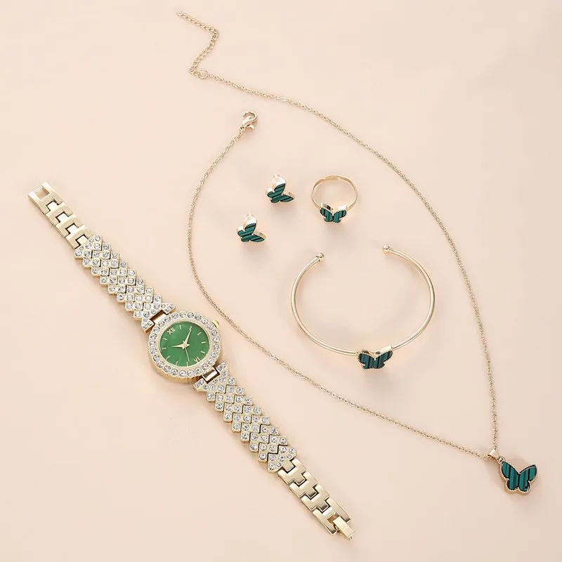5pcs Fashion High End Creative Blue Green Butterfly Women's Watch Set Commemorative Gift Gifts Perfect Choice Luxury Brand