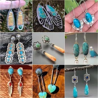 vintage earrings big water drop turquoises natural stone ear hook antique silver color dangle earrings women bohemia jewelry