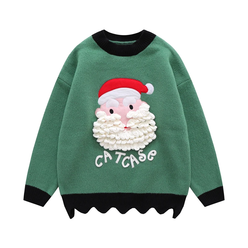 

High Street Santa Claus Embroidery Letter Round Neck Retro Pullover Sweaters Male and Female Harajuku Color Match Knitted Tops