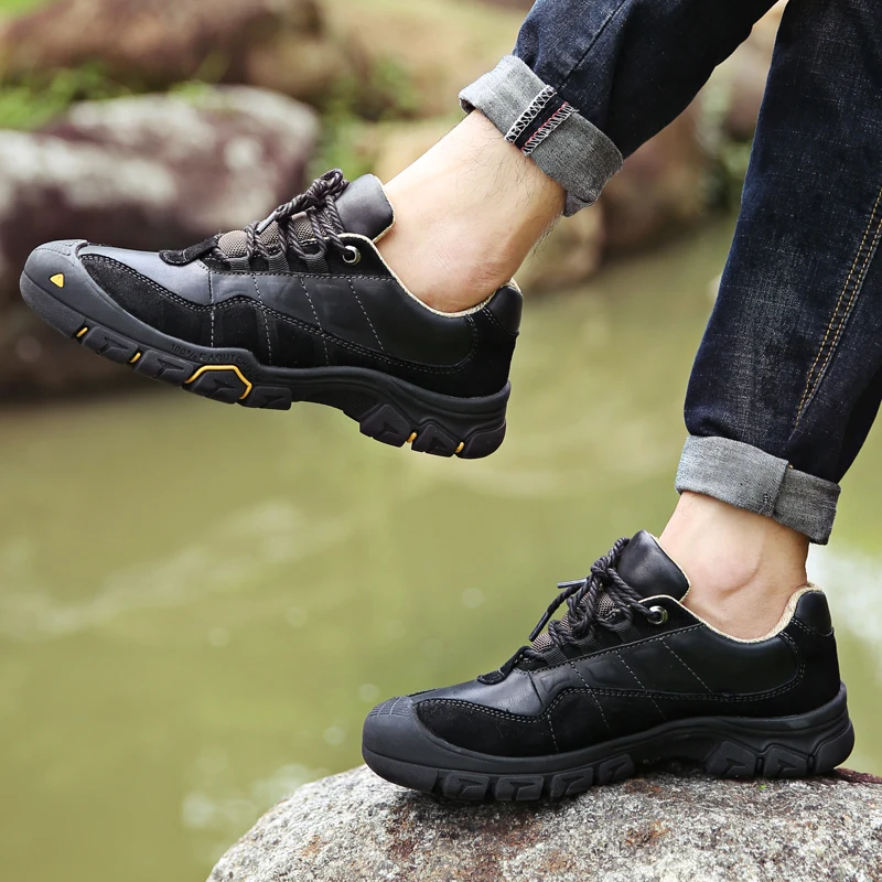 High Quality Cowhide Leather Men's Hiking Shoes Wear-resistant Waterproof Sneakers Men Outdoor Casual Walking Climbing Shoes Men