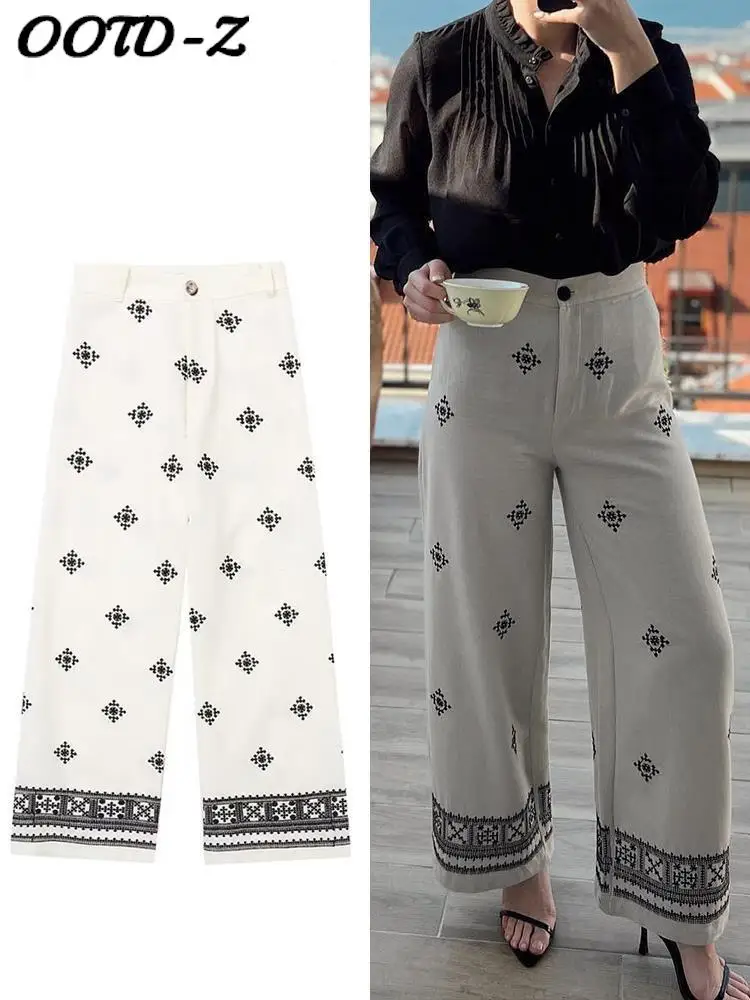 

Casual Embroidery Cotton Linen Baggy Pants Women Y2K Loose Wide Leg Long Pants Female Breathable High Waist Straight Trousers