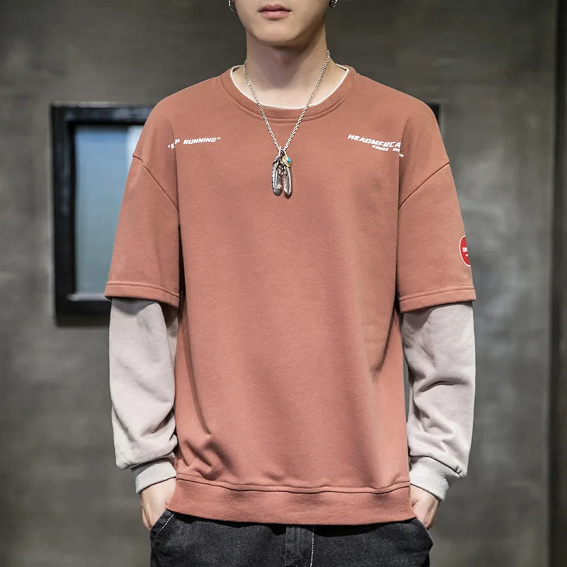 

New Casual Fake Two Pieces Men Hoodies Autumn Patchwork Printing Streetwear Harajuku Men Sweatshirts O Neck Man Pullovers