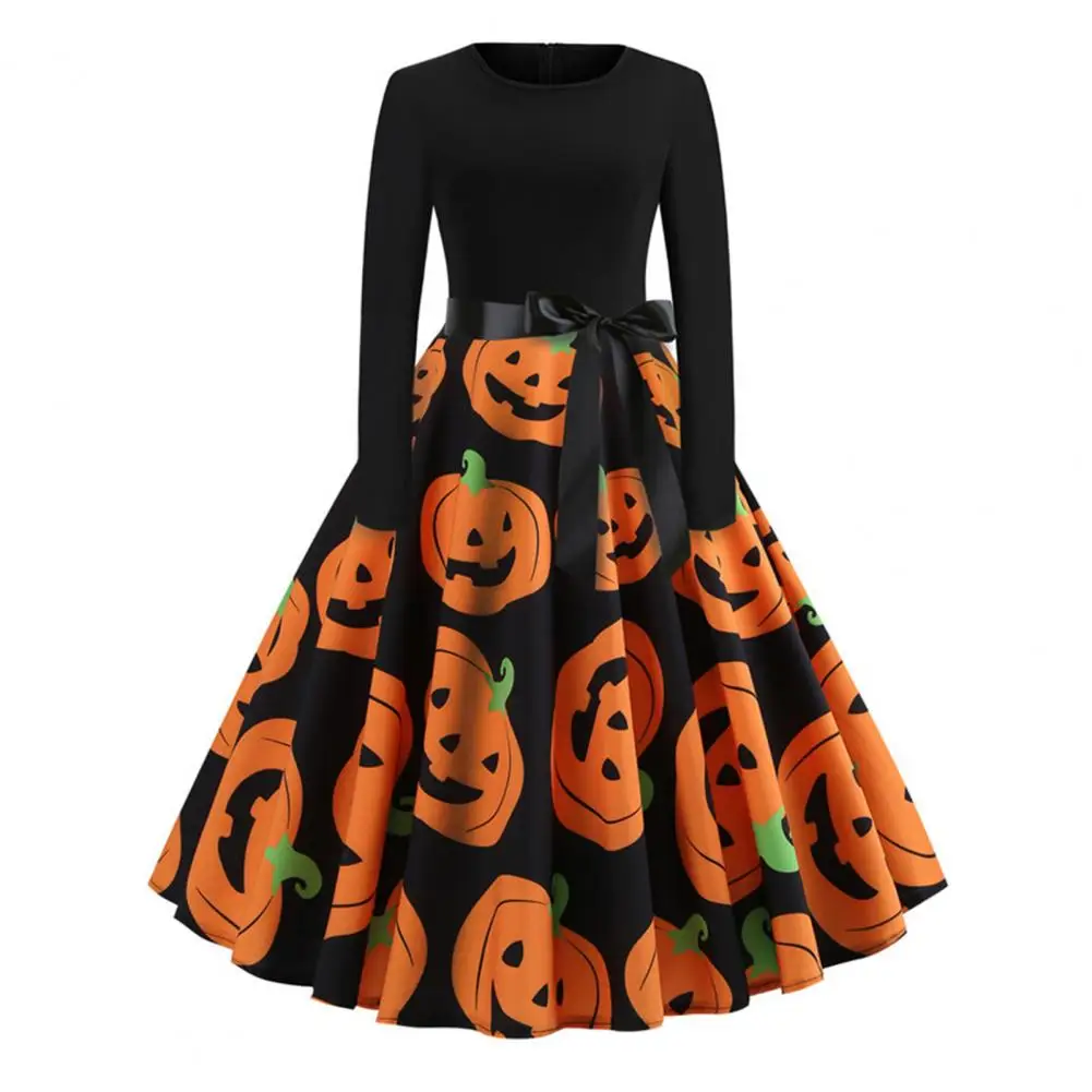 

New in Women Hallowen Dress O Neck Bowknot Bat Loose Hem Lady Dress for Halloween