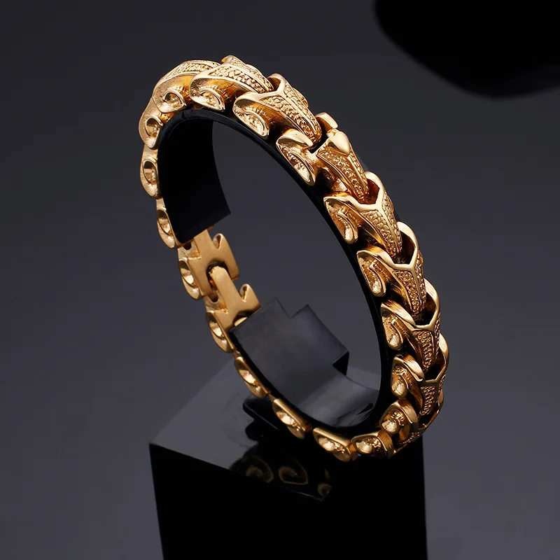 

11mm Punk Gold Plate Stainless Steel Dragon Keel Chain Bracelet Wristband Men Women Hiphop Rock Retro Biker Link Bangle Jewelry