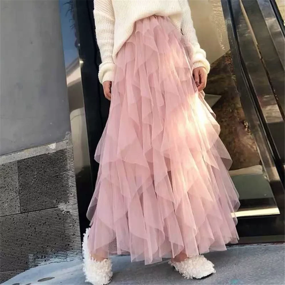 

New2022 Spring Autumn Summer Women Party Long Midi Skirt Korean Fashion Female Elastic High Waist Tulle Mesh Irregular Tutu Skir