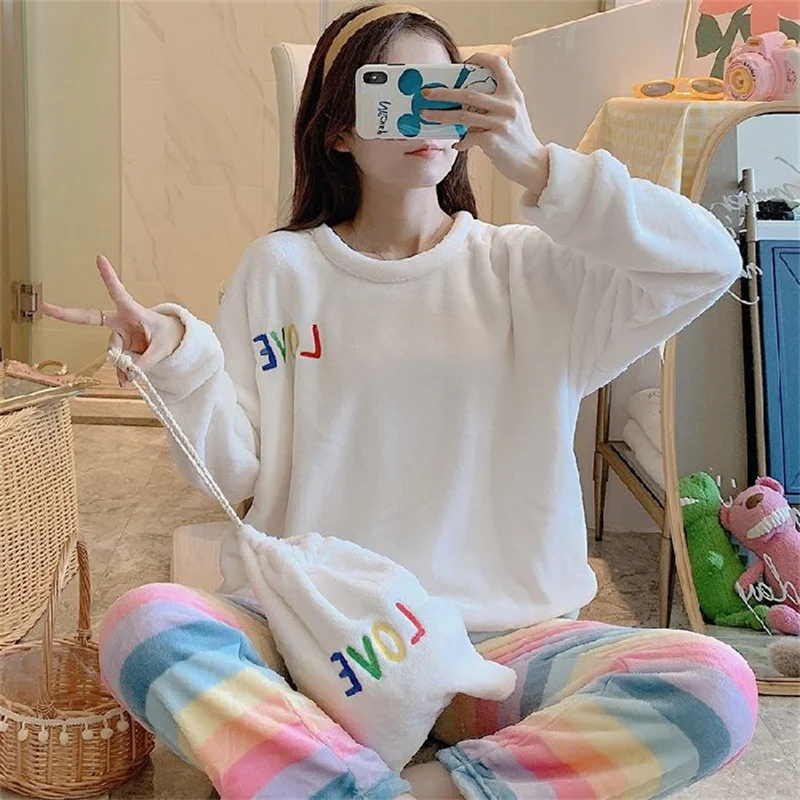 3PCS/Set Pajamas Set Casual Sleepwear For Women Warm Full Cartoon Pyjama Women's Flannel Winter Fashion/Autumn Soft Homewear