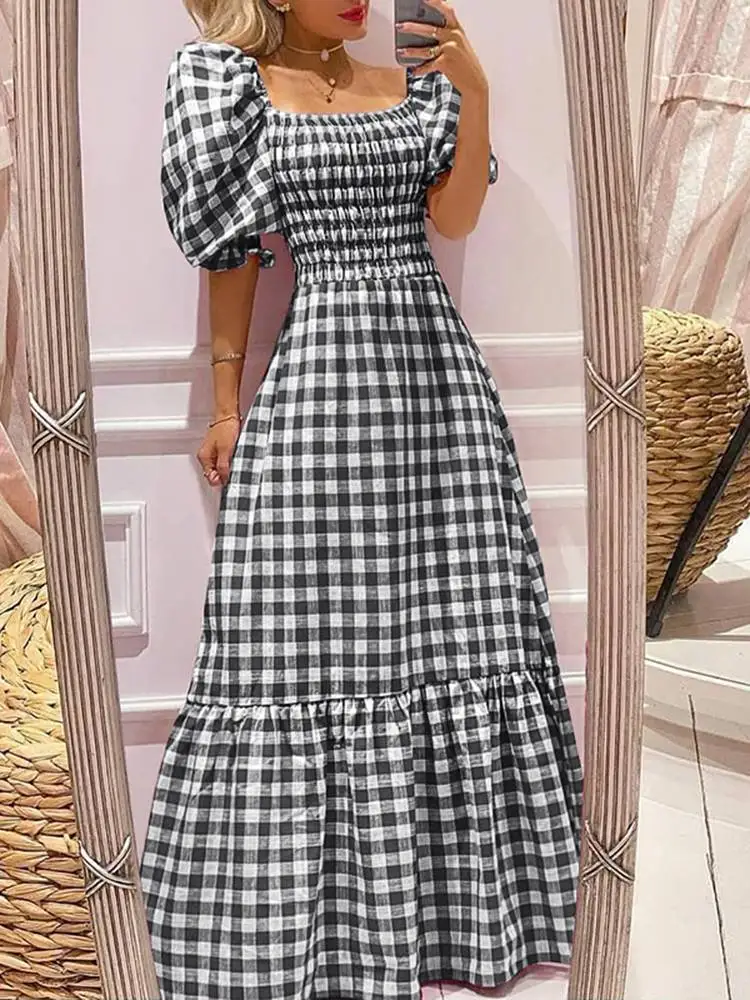 

Party Sundress Women Vintage Maxi Dress VONDA 2022 Robe Casual Short Sleeve Square Collar Plaid Long Party Vestidos
