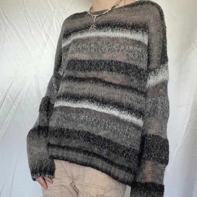 

Fashion Wild Sweater Women Autumn Winter Striped Knitted Tops Ladies Long Sleeve Round Neck Hollow Out Loose Pullover Streetwear