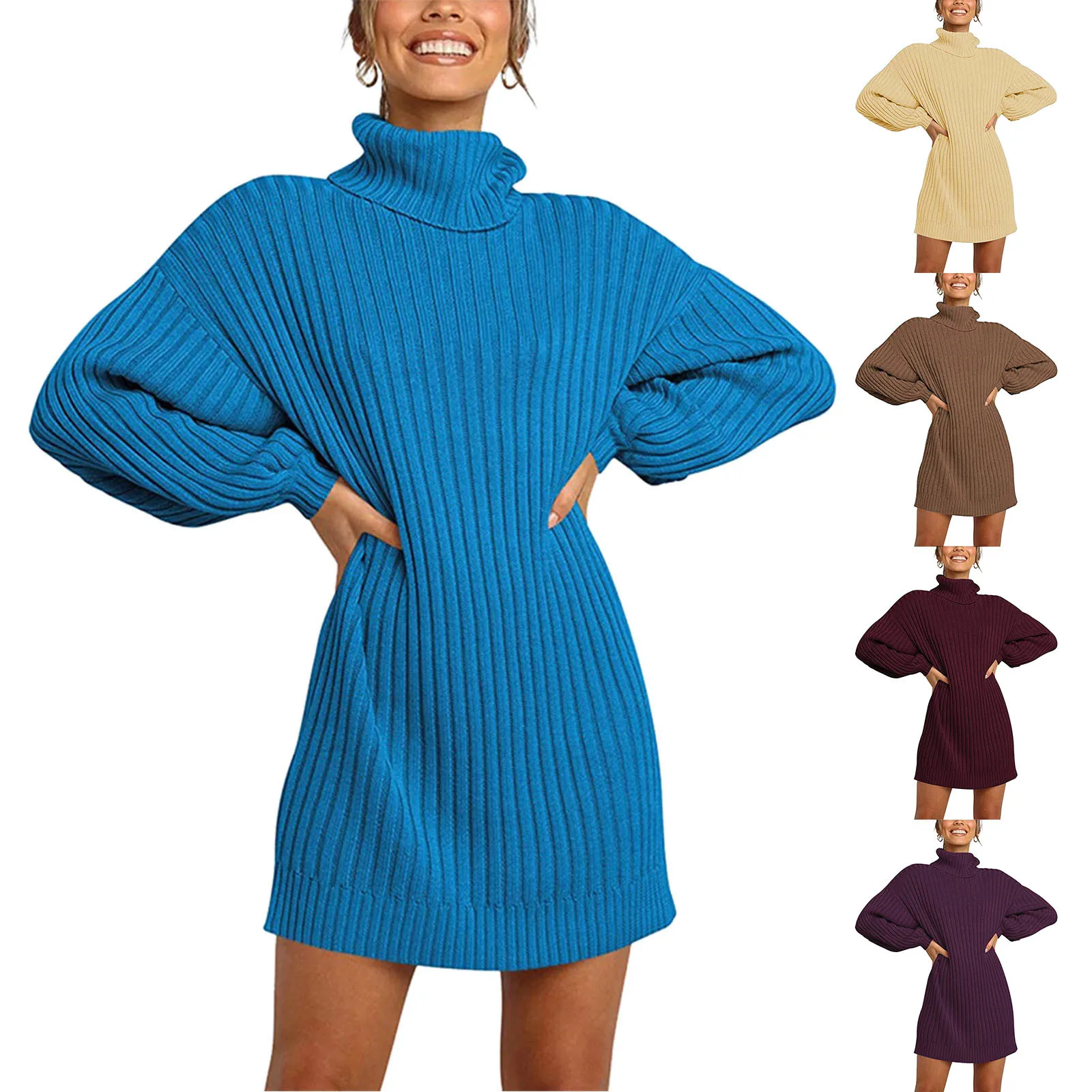 

Модное женское однотонное платье-свитер с длинным рукавом, элегантное шикарное женское вязаное платье-свитер с высоким воротником, платье-...