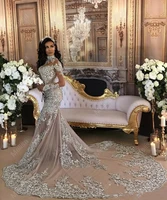 pretty lace appliques mermaid wedding dresses with beading sweep train vestido de casamento champagne long sleeves bridal gowns