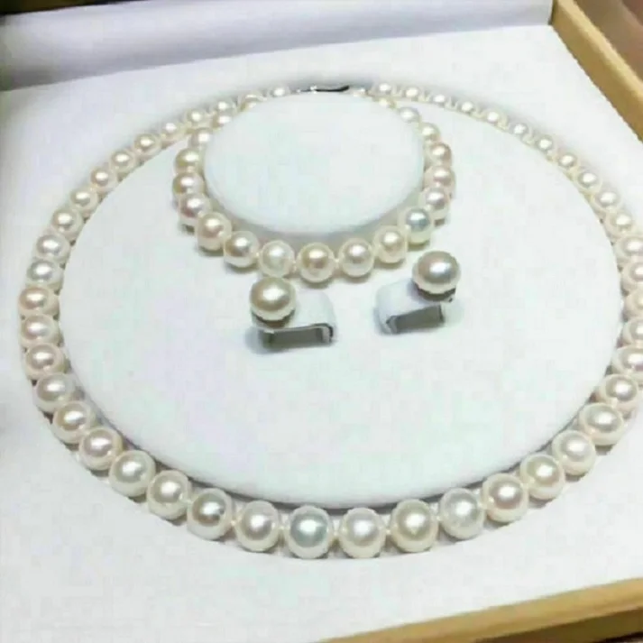 

HOT AAA 9-10MM AKOYA WHITE PEARL NECKLACE BRACELET EARRING
