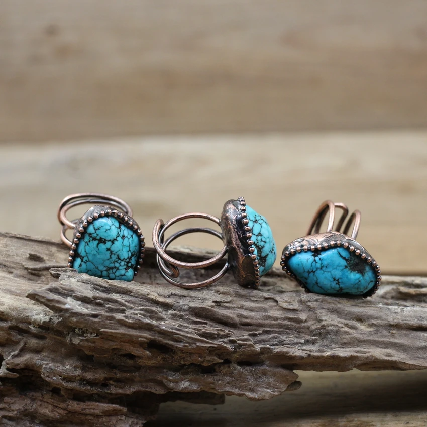 

Raw Turquoises Antique Copper Ring Natural Blue Stone Adjustable Finger Ring Women Man Fashion Retro Jewelry Gift For Her,QC4174