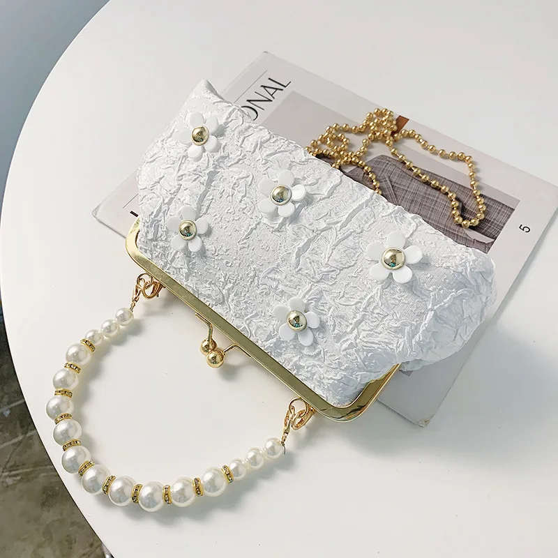 

Vintage Lace Flower Evening Bag Pearl Handle Handbags Women Gold Chain Shoulder Bag Elegant Ladies Mini Shell Purse Party Bags
