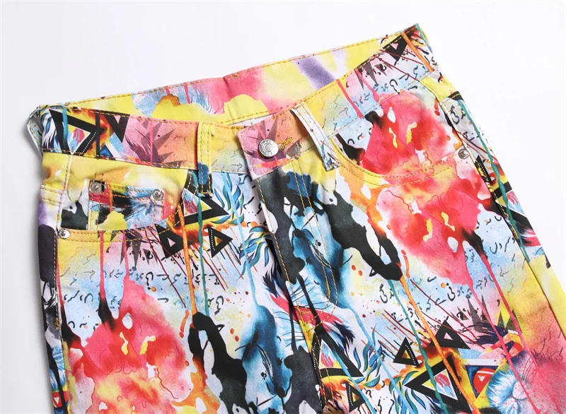 Men's Colorful Graffiti Printed Jeans Y2K Colorful Slim Fit Tapered Elastic Casual Pants Fashion Street Clothing Small Foot Pant