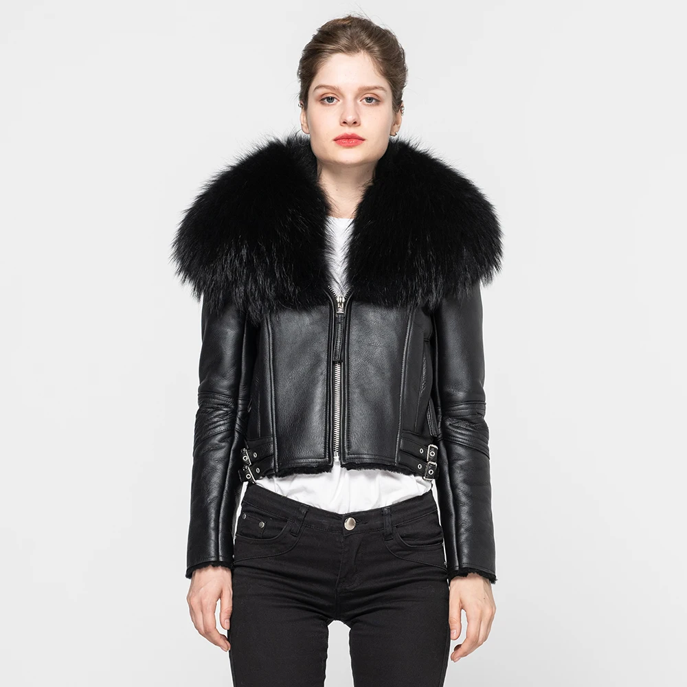 Real Leather Coat Women's Real Fur Lined Coat Raccoon Fur Collar Double Face Biker Jacket New Arrival S7009