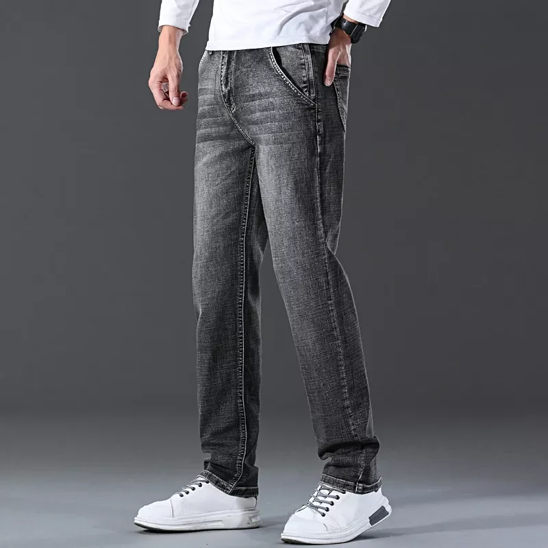 2022New Zipper Pocket Design Jeans Men Dark Grey Regular Fit Stretch Denim Pants Fashion Casual Slim Trousers Men Brand