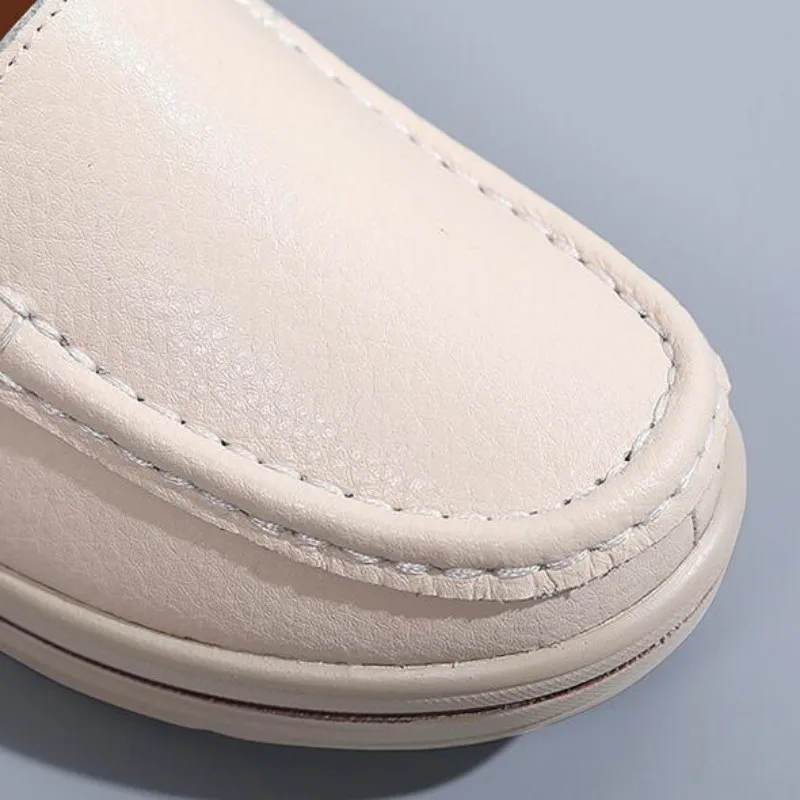 Classic Round Toe Women Slip on Leather Casual Loafers Pure Color Spring Autumn Platform Wedge Shoes Comfort Mom Moccasins