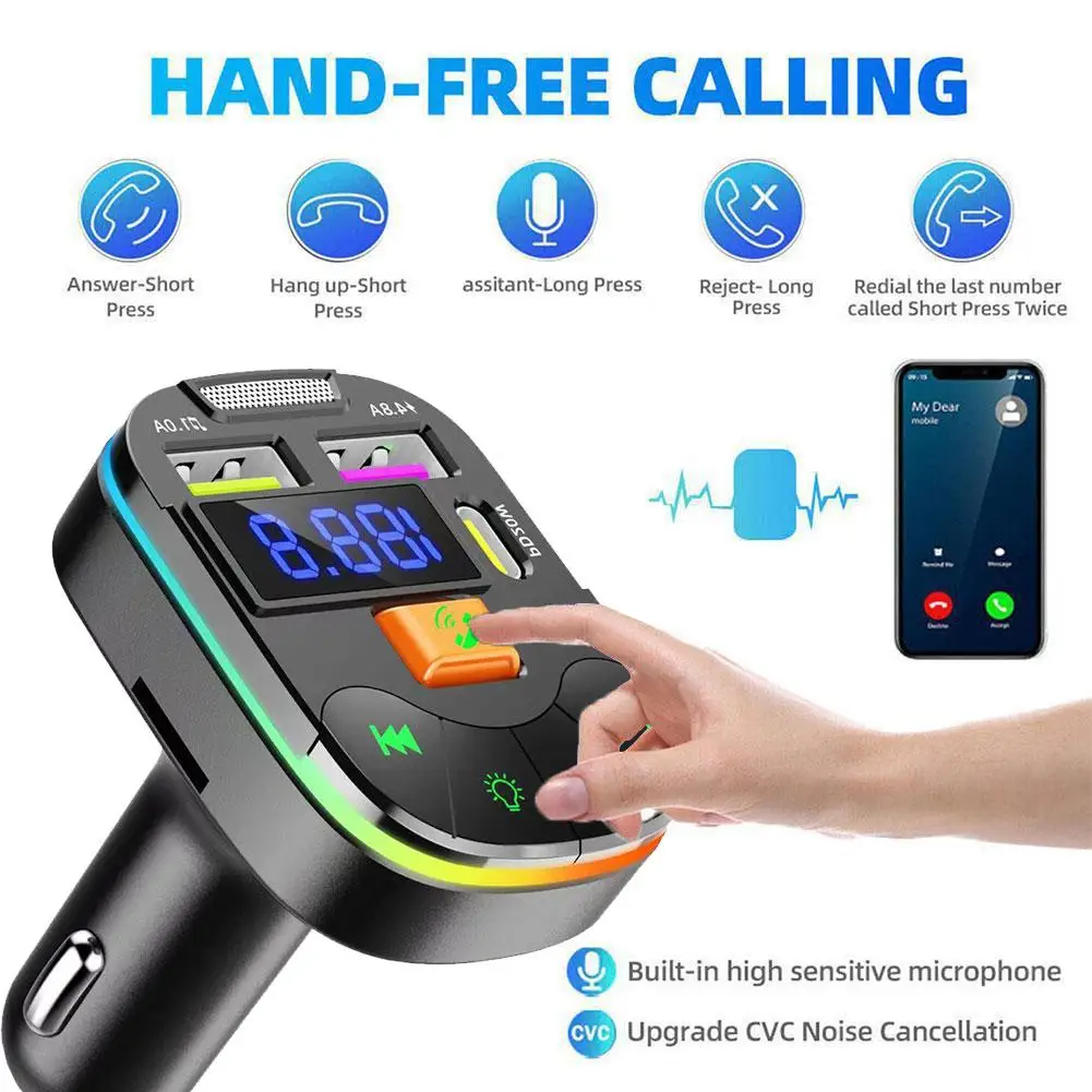 

Car Bluetooth 5.3 FM Transmitter PD Dual USB 3.1A Fast Player Light MP3 Car Ambient Charger Modulator Colorful Handsfree FM W8X8