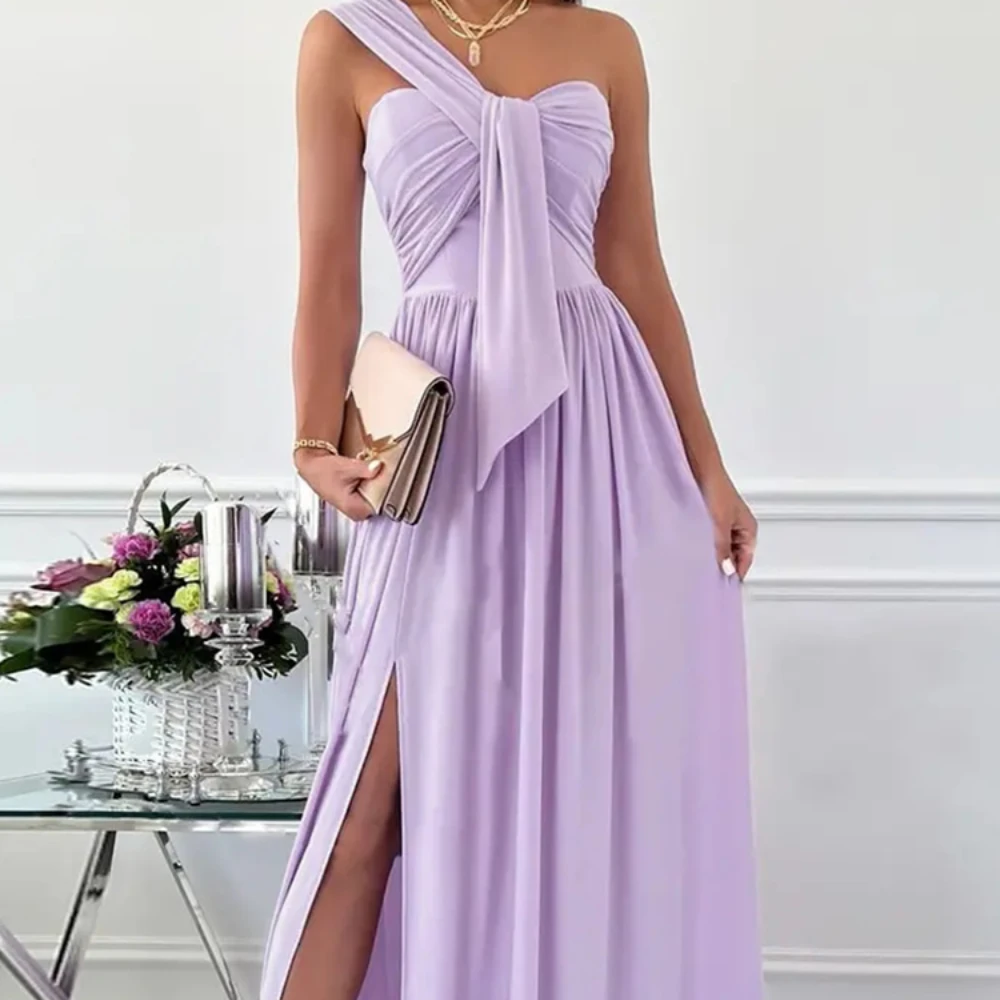 

Summer High Slit Cutout Maxi Party Dress Elegant One Shoulder Solid Color Dress Asymmetric Women Long Wedding Evening Sexy Robes