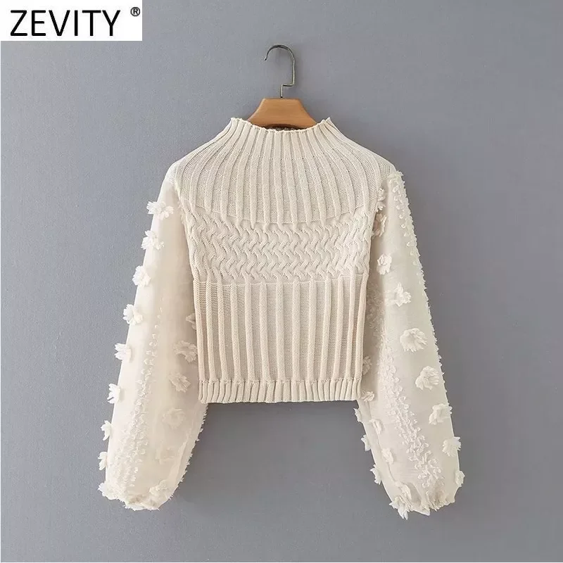 

Zevity 2021 New Women Fashion Appliques Chiffon Lantern Sleeve Patchwork Short Knitting Sweater Ladies Chic Pullovers Tops S631