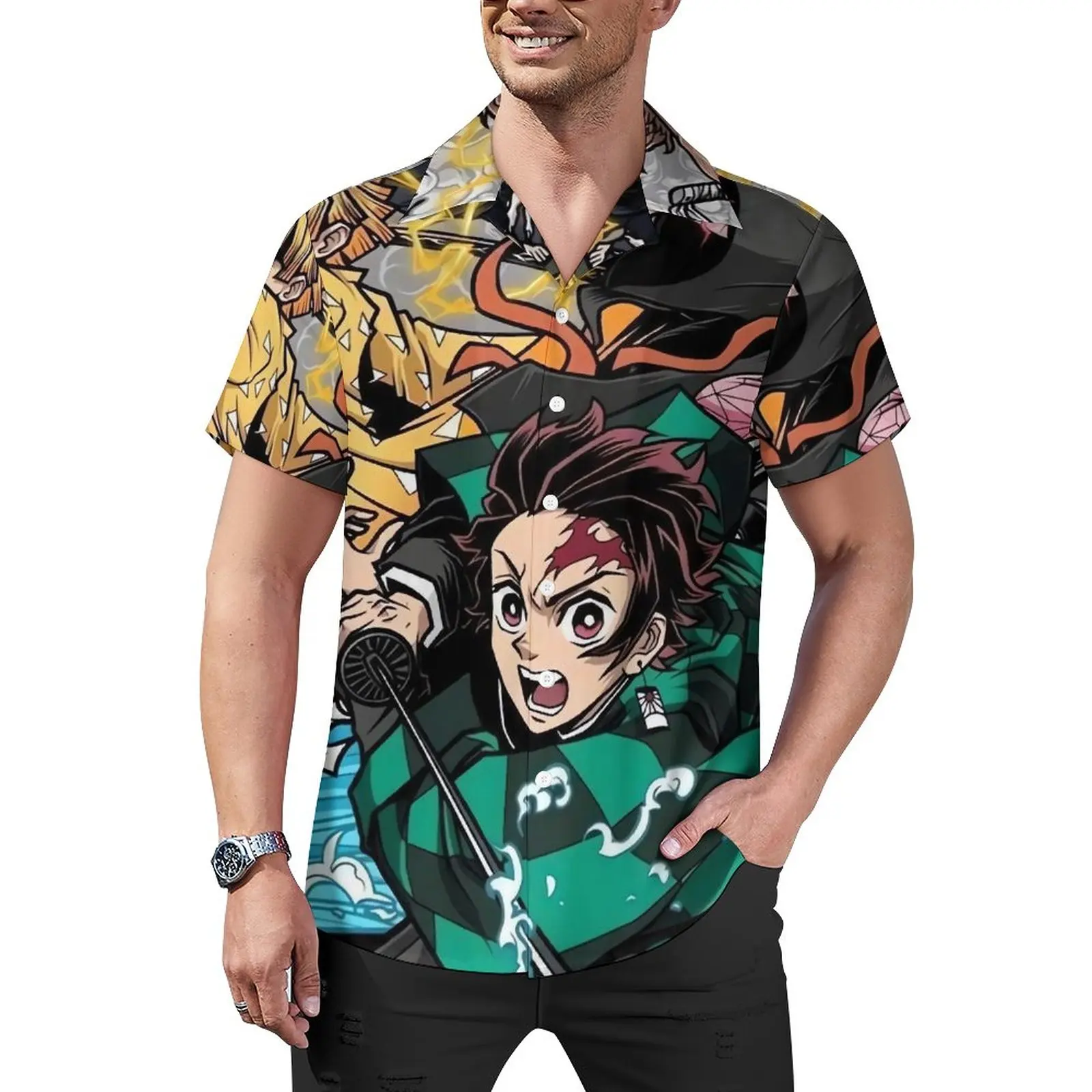 

Demon Slayer Anime Loose Shirt Vacation Kimetsu No Yaiba Casual Shirts Hawaiian Graphic Short-Sleeve Fashion Oversize Blouses