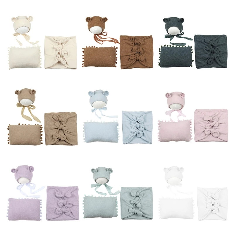 

3 Pcs/Set Cute Ears Beanie for Head Cushion Newborn Photography Props Baby Boy Girl Hat Pillow Blanket
