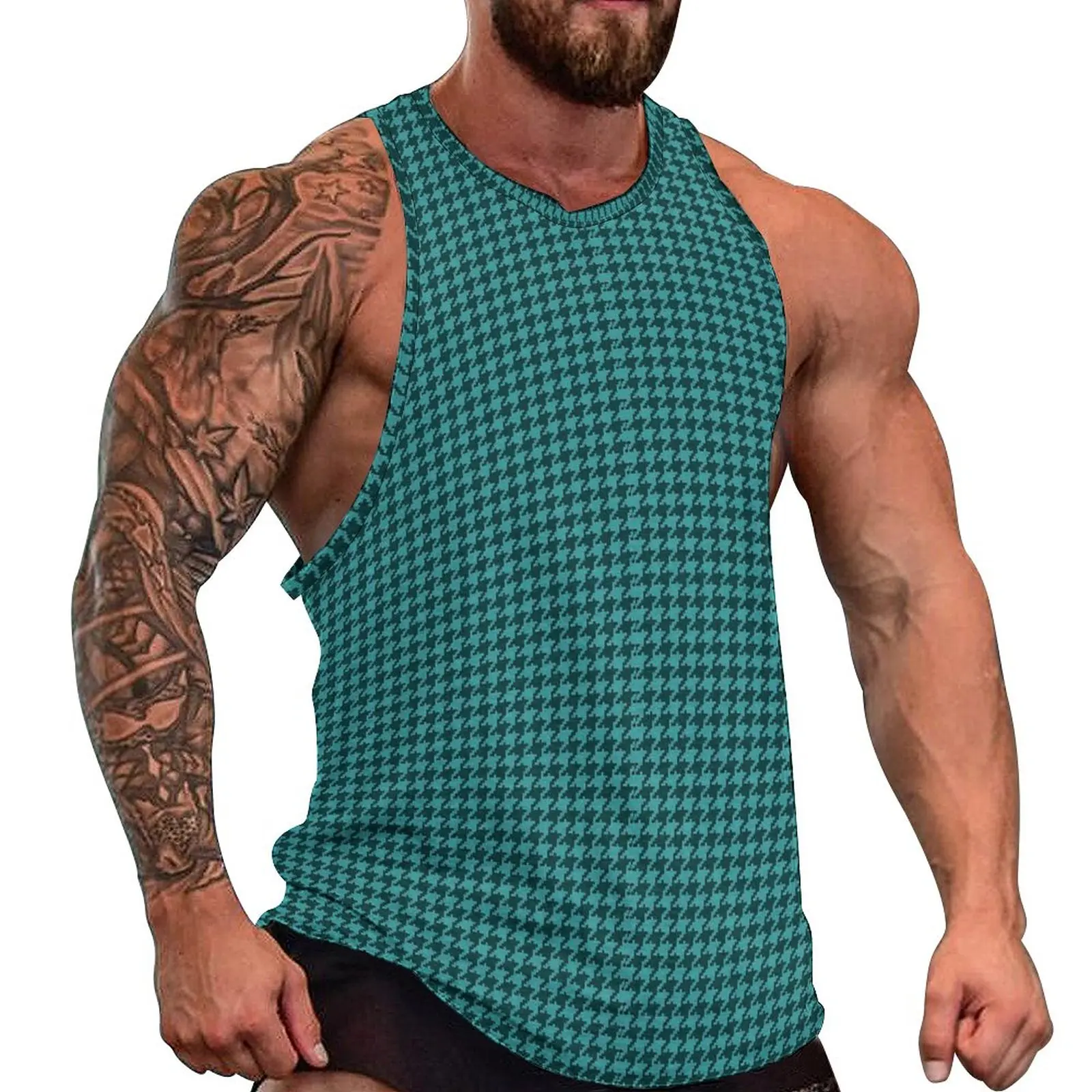 

Retro Houndstooth Summer Tank Top Green And Black Gym Tops Male Design Sportswear Sleeveless Shirts Plus Size