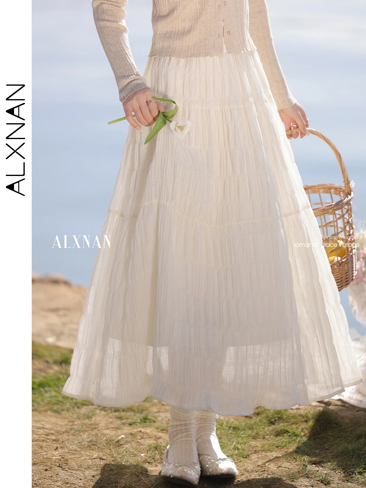 ALXNAN абрикосовая женская юбка тонкая трапециевидной формы с морщинами элегантная