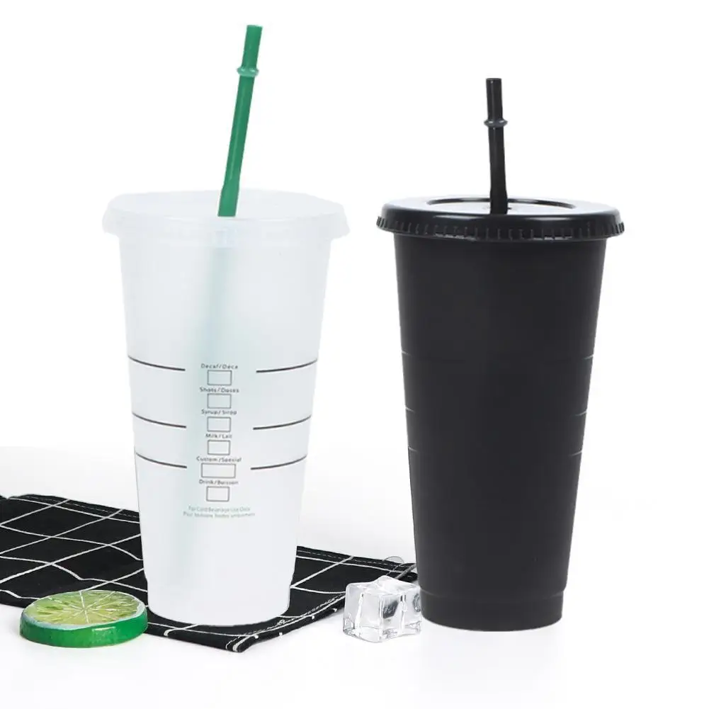 

710ml Black White Straw Cup With Lid Color Change Coffee Cup Reusable Cups Plastic Tumbler Matte Finish Coffee Mug