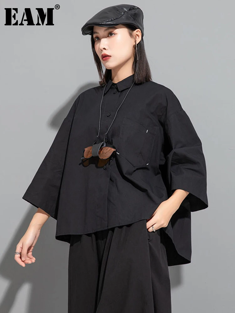 

[EAM] Women Black Irregular Big Size Blouse New Lapel Three-quarter Sleeve Loose Shirt Fashion Tide Spring Autumn 2023 1DF6523