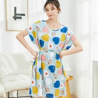 nightdress for women cotton kawaii pajamas short sleeve lace up printed nightgown loose thin loungewear woman mini skrit dress