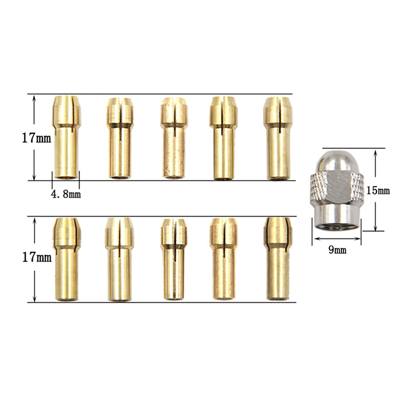 

11PCS/Set Brass Drill Chucks Collet Bits 0.5-3.2mm 4.3mm Shank Screw Nut Replacement for Rotary Tool